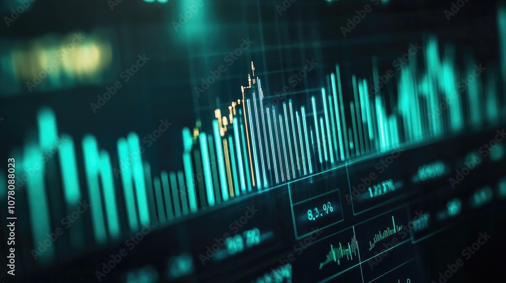 Poster abstract financial data visualization with glowing graphs and indicators representing stock market t