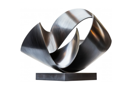 Abstract metal sculpture with flowing, organic shapes, crafted in brushed steel, transparent background