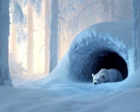 A serene winter scene features a polar bear emerging from a snow-covered den, surrounded by frosty trees in a tranquil landscape.
