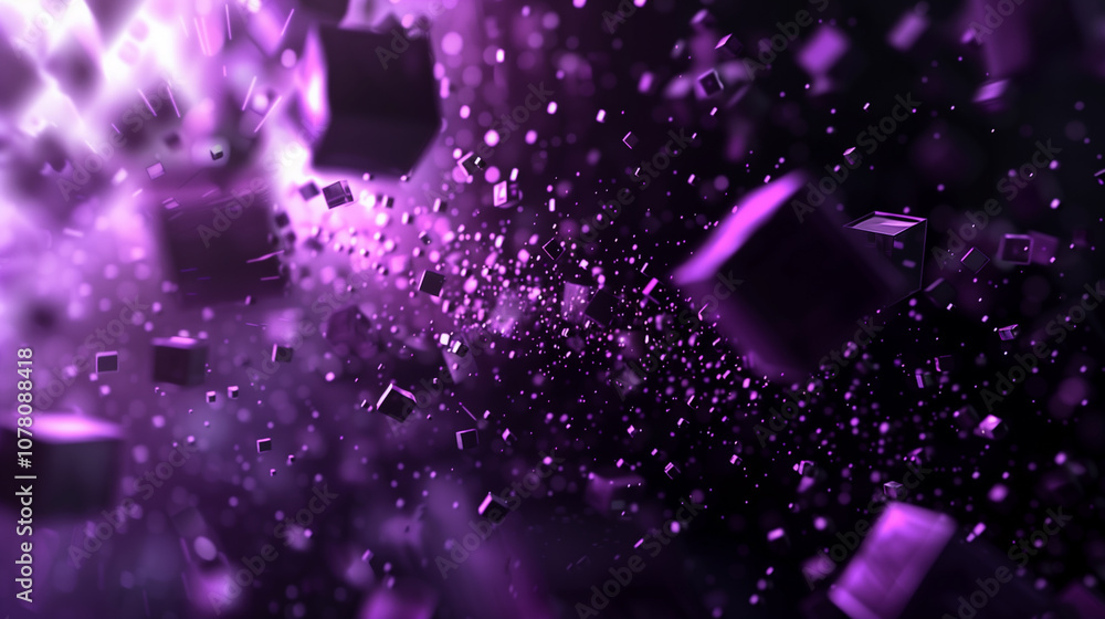Poster 3d abstract background of rotating, floating cubes with a smooth gradient from purple to black, crea