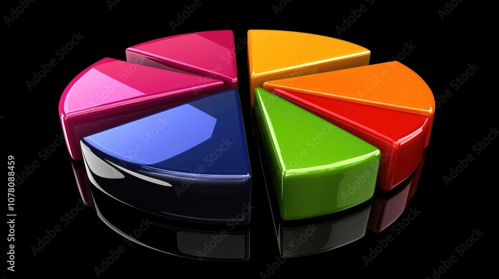 Poster colorful 3d pie chart on black background representing data analysis, graphical visualization, and b