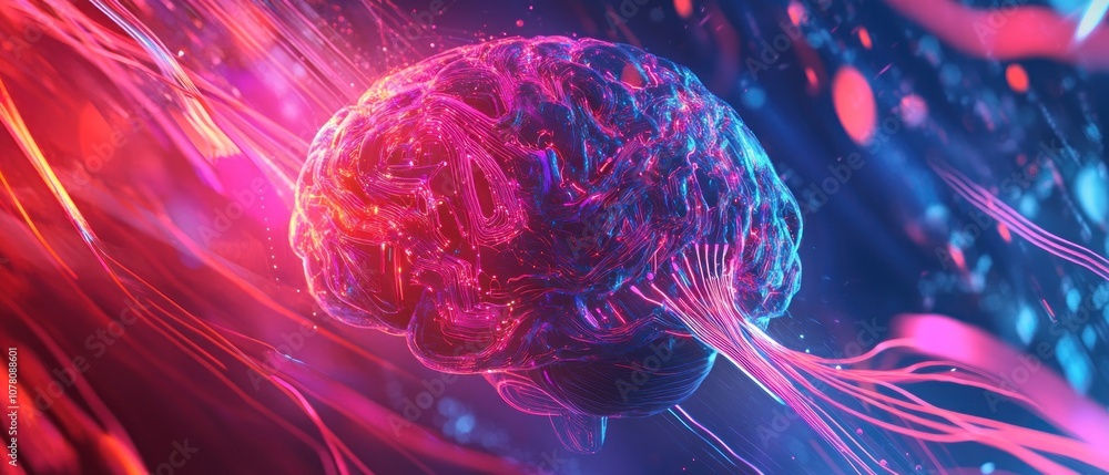 Poster a vibrant, abstract representation of a brain with colorful neural connections and energy.