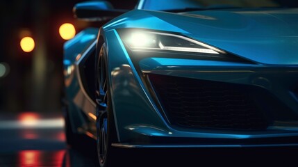 Closeup of a Blue Sports Car with Headlights On