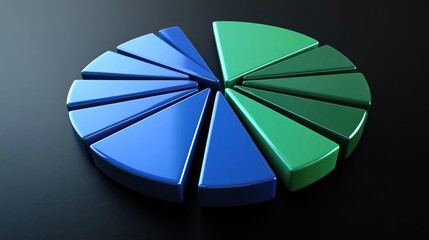 Obraz premium Colorful pie chart with segments in blue and green tones, arranged artistically on a sleek black surface, ideal for data representation and creative projects