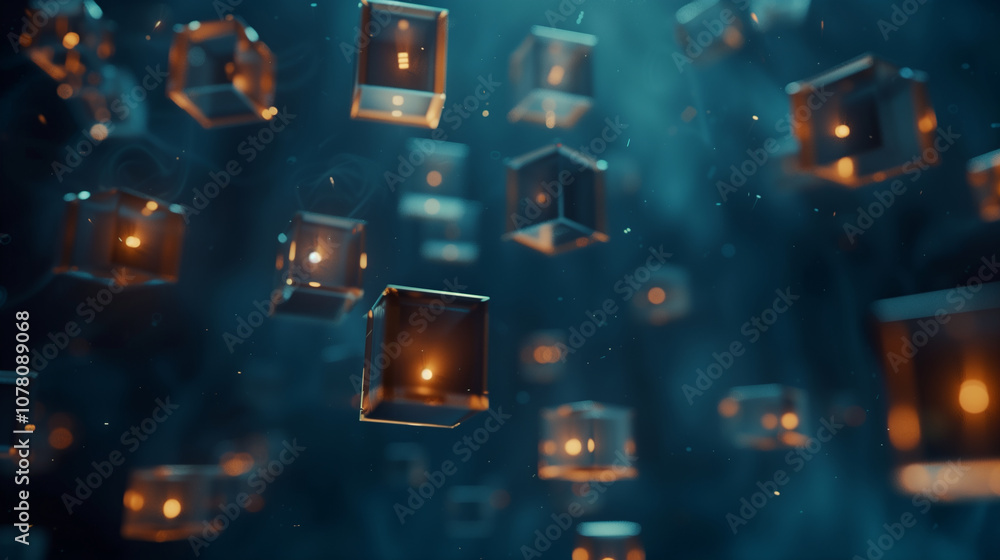 Poster 3d abstract background of translucent floating cubes in different sizes, with a soft glowing effect,