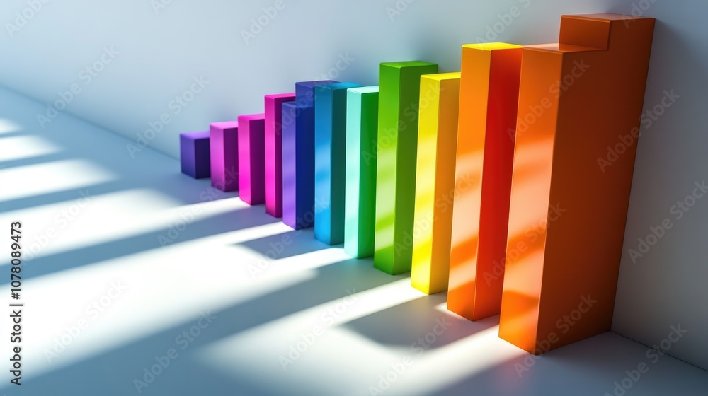 Poster colorful geometric blocks arranged in an ascending pattern, casting vibrant shadows on a minimalist 