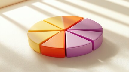 Obraz premium Colorful Pie Chart on a Soft Surface with Shadow Play, Symbolizing Data Representation, Analysis, and Creative Presentation in Bright Tones for Business Use