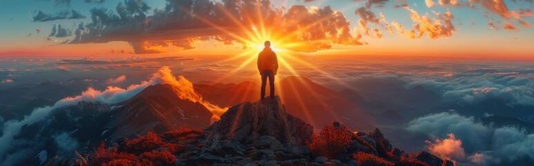 Man Standing on a Mountain Peak at Sunset