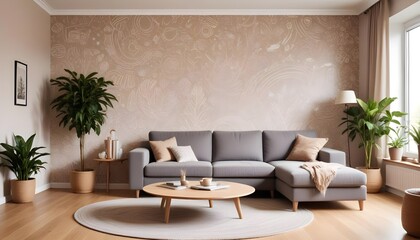 Scandinavian living room interior design zoom background,Doodle patterned wallpaper graphics