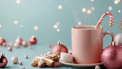 Christmas composition, warm cappuccino on a blue background with Christmas toys