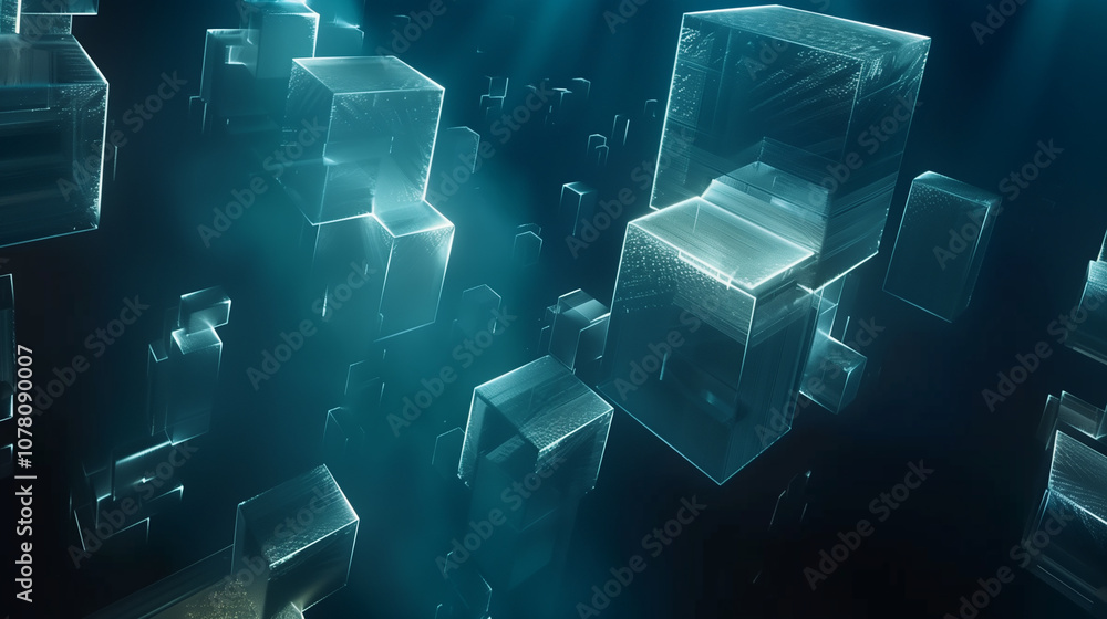 Aufkleber 3d abstract background of translucent floating cubes in different sizes, with a soft glowing effect,