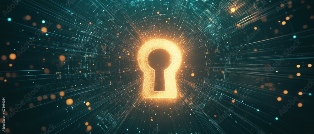 Poster a glowing keyhole surrounded by digital particles, symbolizing security and access.