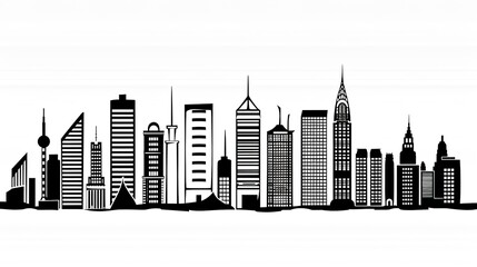 Naklejka premium Black and White Urban Building Outline - a minimalist and striking visual. The monochromatic drawing highlights the architectural elegance and outlines the urban landscape in a bold manner.