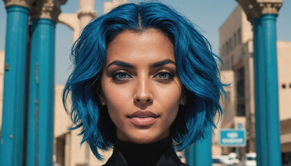 A woman with bright blue hair stands in front of a building with blue columns