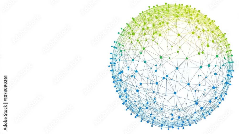 Poster abstract representation of a global network sphere with colorful nodes and connecting lines symboliz