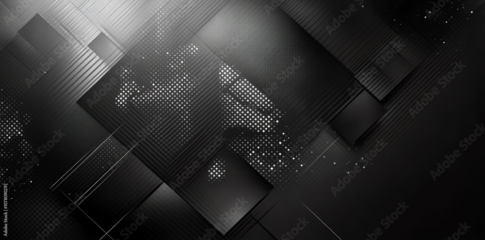 Poster abstract geometric pattern with grey and black squares, lines, and dots on a dark background.