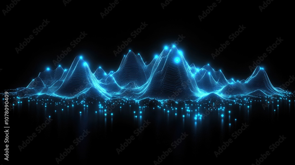 Poster blue digital waveform visualization with glowing points and graphical peaks against a dark backgroun