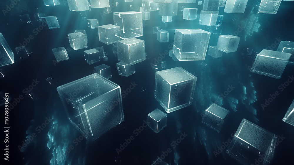 Poster 3d abstract background of translucent floating cubes in different sizes, with a soft glowing effect,