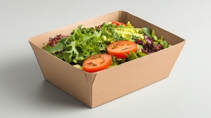 A fresh salad is elegantly displayed in a food box mockup on a light background