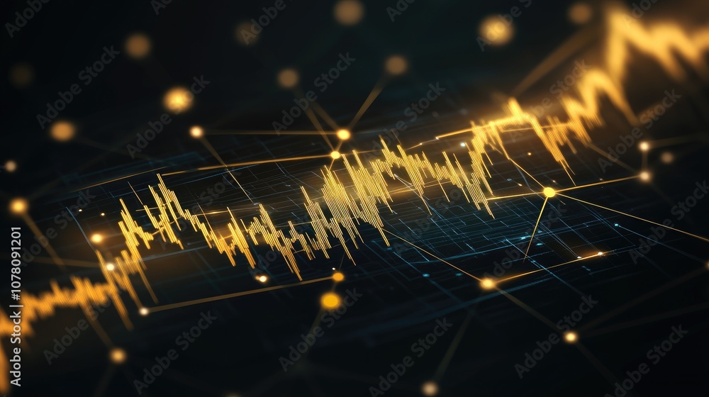 Poster abstract digital wave representing data analysis and financial fluctuations, showcasing intricate ne
