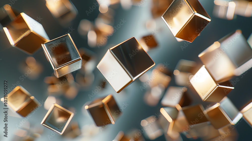 Poster abstract 3d background with floating metallic cubes in varying sizes, casting dynamic shadows agains