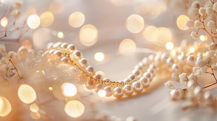Elegant Pearl Necklace Surrounded by Delicate Flowers and Soft Bokeh Lights Creating a Magical and Romantic Atmosphere for Fashion and Jewelry Themes