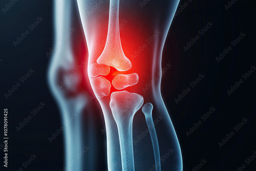 Poster x ray image of knee joint showing inflammation and pain in area. detailed view highlights bones and 