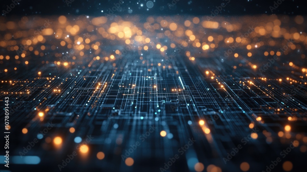 Poster abstract digital landscape with glowing particles and circuit-like patterns, representing technology