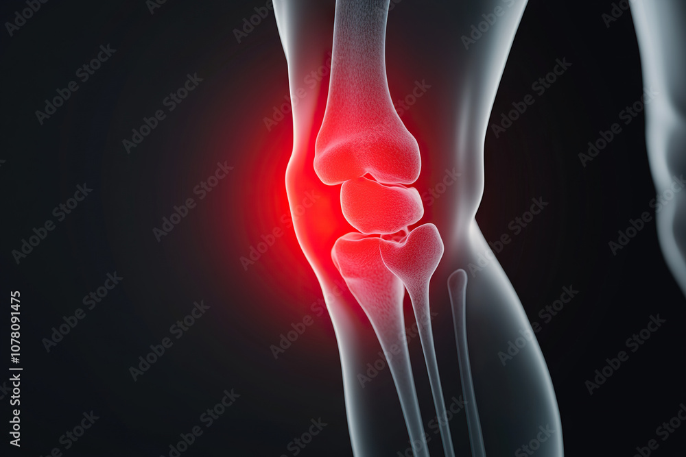 Poster x ray image of knee joint highlighting inflammation in red. this visual representation emphasizes st