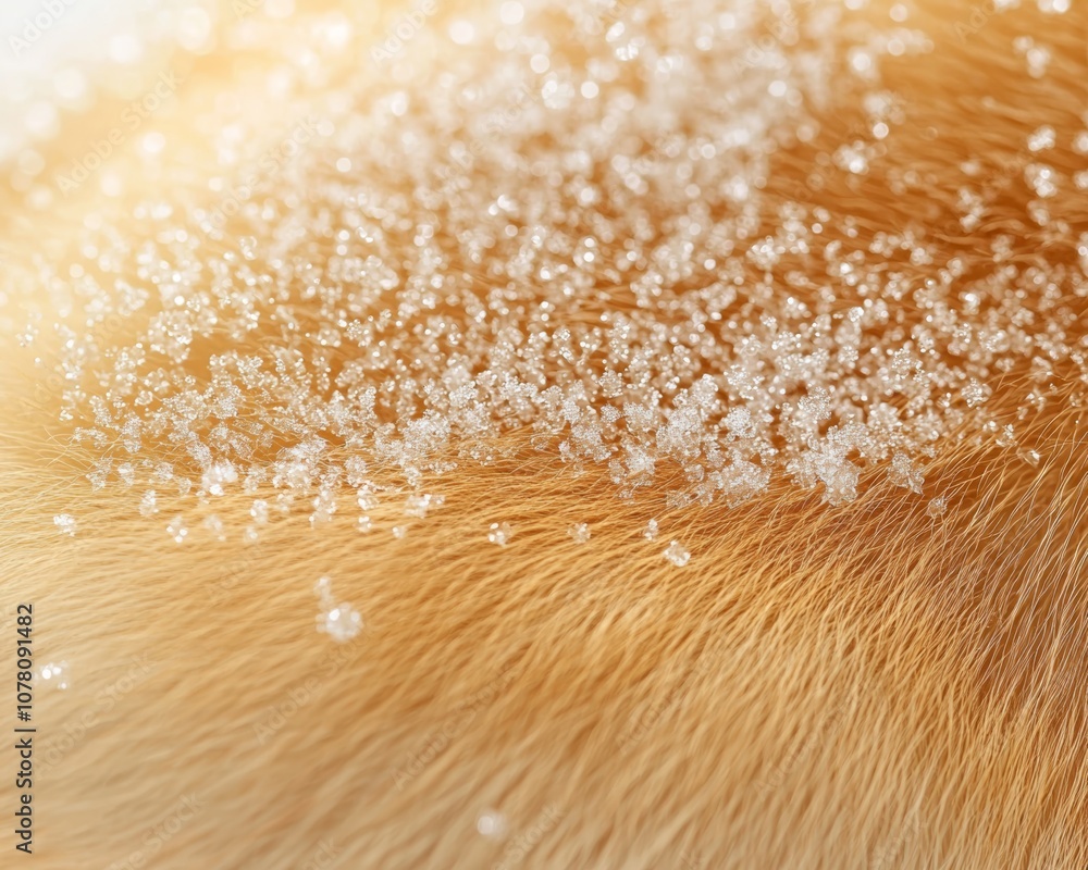 Poster a close-up of golden fur sprinkled with fine droplets of water or sparkling particles, creating a sh