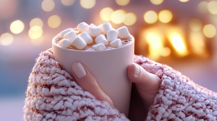A cozy scene featuring hands holding a warm cup of hot cocoa topped with marshmallows, set against a softly lit background.