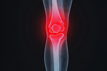 X ray of knee joint showing inflammation with red highlights, illustrating pain and discomfort in area. This emphasizes importance of joint health and medical imaging