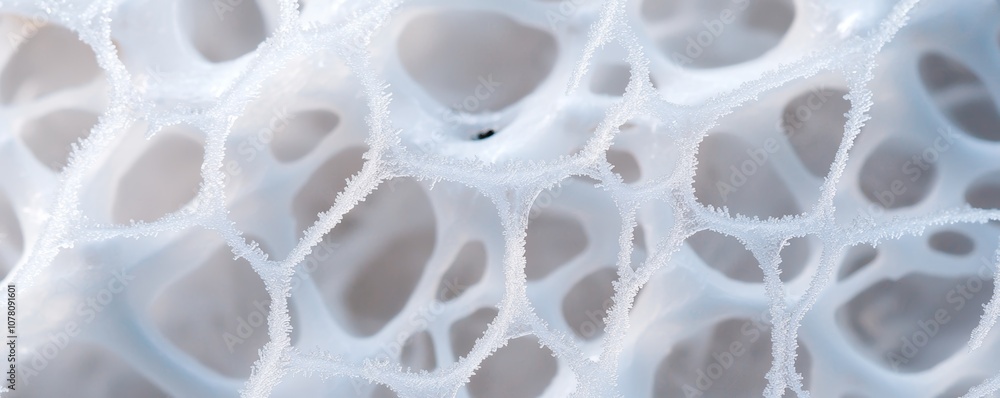 Poster a delicate white structure resembling a network of cells or foam, showcasing organic patterns agains