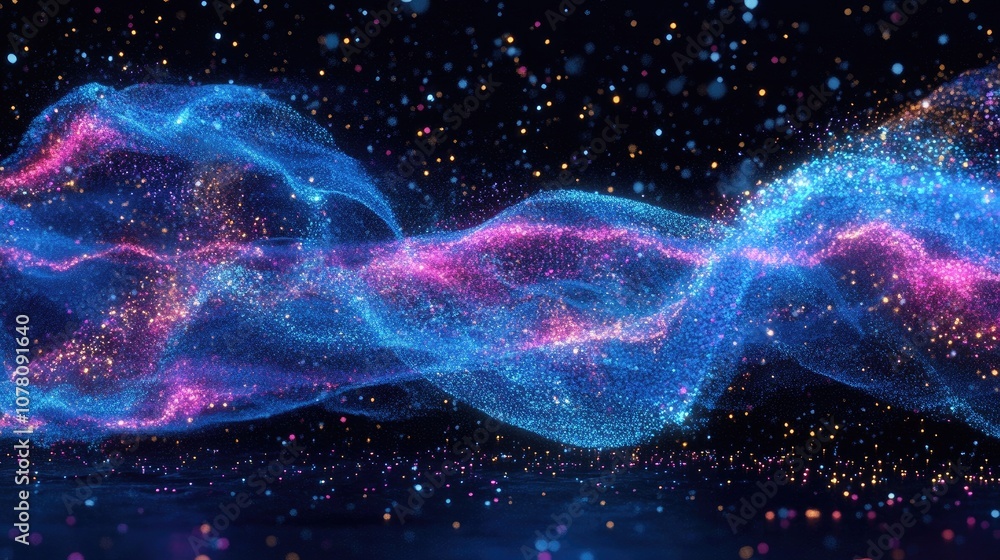 Poster abstract digital background with vibrant blue and pink waves of light sparkling with stars for use i