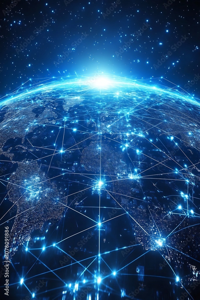Poster glowing global digital data network and cloud computing across cities and countries