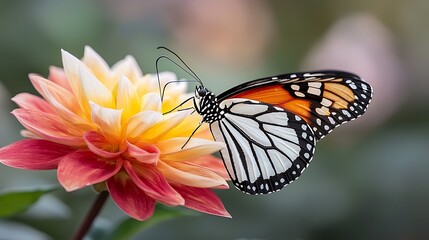 Obraz premium The delicate wings of the butterfly fluttered gently as it landed on the vibrant petals of the blooming flower