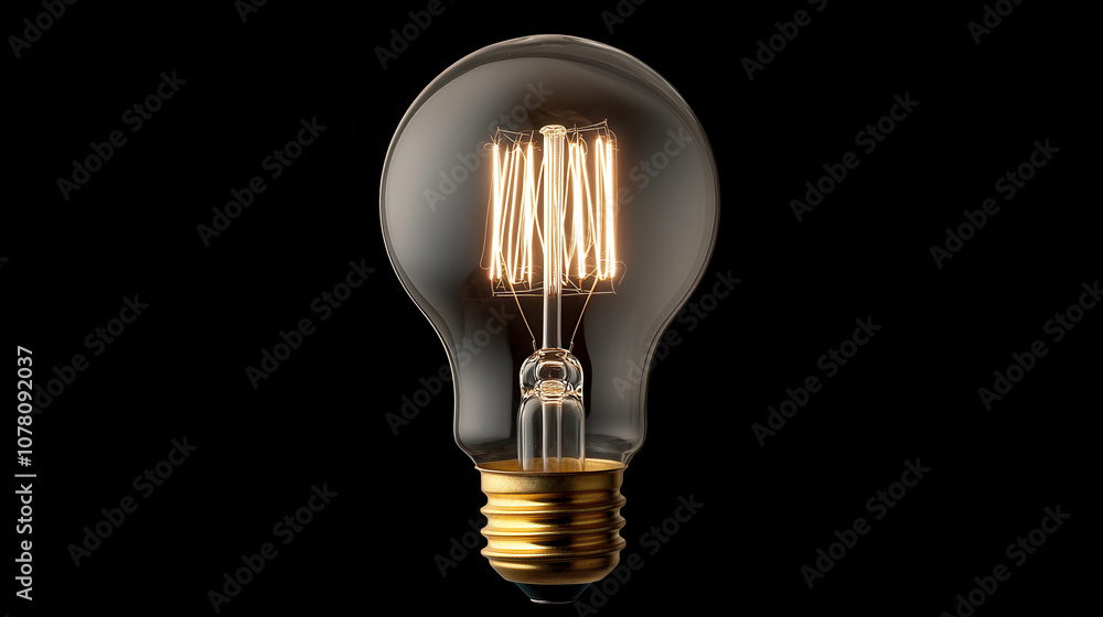 Poster classic upright lightbulb with glowing filament on solid black background, creating warm and invitin
