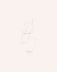 Sketch of cute hippopotamus with drum, hippo birthday