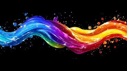 Abstract rainbow liquid wave with splashes on black background.
