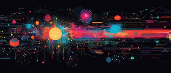A vibrant digital artwork depicting abstract cosmic elements and technological motifs.