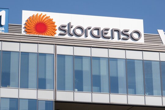 Banner of Storaenso company on office building