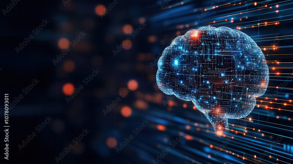 Poster digital brain with glowing circuits and data streams, symbolizing ai and technology. vibrant colors 
