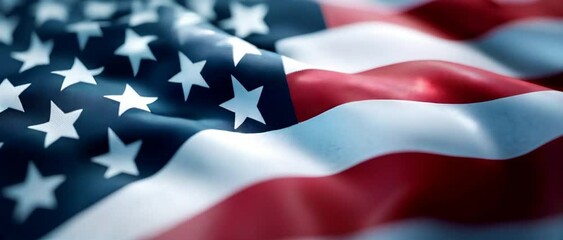 Abstract close-up of a waving American flag with stars and stripes, showcasing a vibrant blend of red, white, and blue colors, evoking patriotism and national pride.