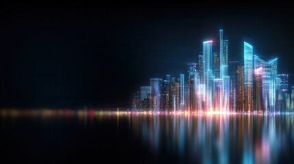 Fototapeta premium Futuristic city skyline with glowing skyscrapers reflecting on water, showcasing advanced architecture and vibrant lights