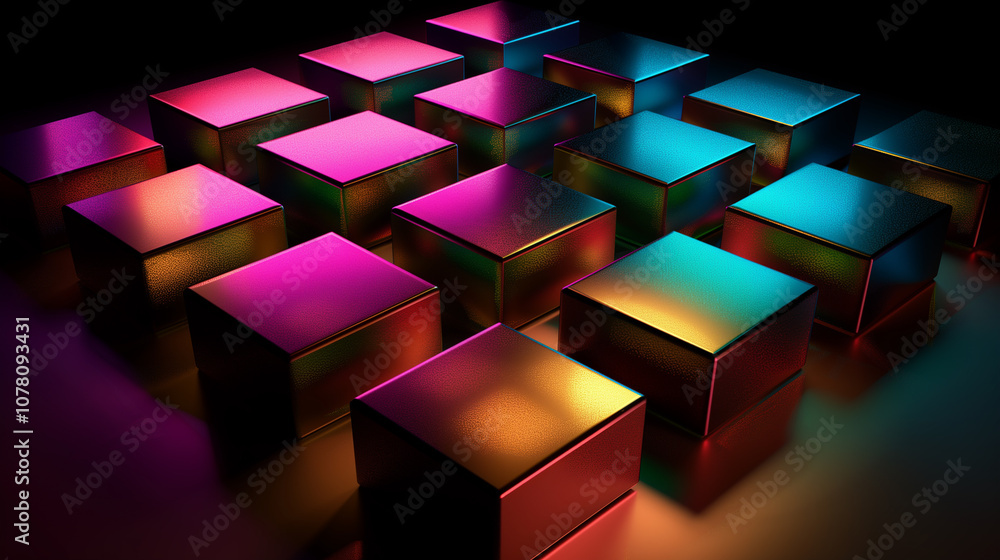 Poster abstract background 3d cubes with metallic textures, arranged in an orderly yet dynamic pattern, cas
