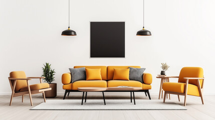 Modern living room with yellow sofa and armchairs, wooden coffee table, pendant lights, and decorative plants against white walls.