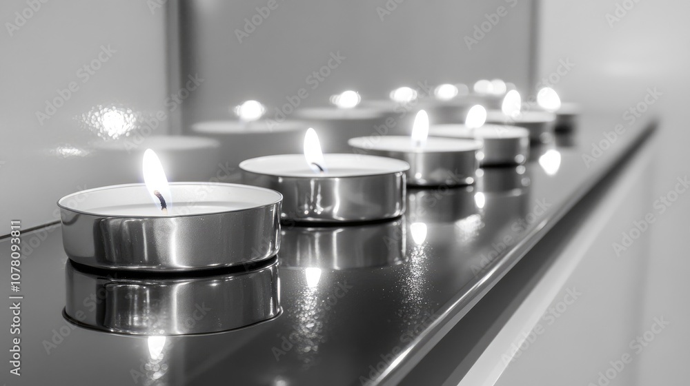 Poster a row of lit tealight candles casting soft flickering light on a reflective surface in a minimalist 