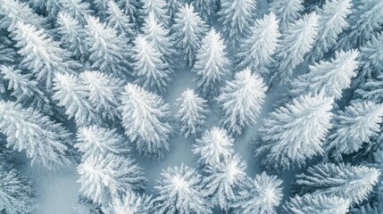 Top view of a dense cluster of snow-capped trees forming geometric shapes from above.