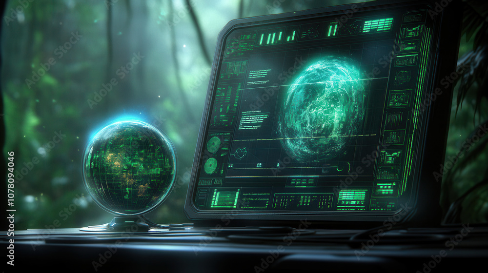Poster futuristic environmental monitoring system displays glowing globe and data on screen, set in lush ju