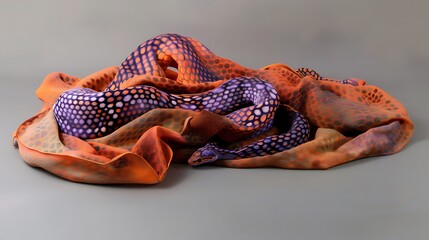 On a grey backdrop an orange shawl with purple snake spots wraps around it